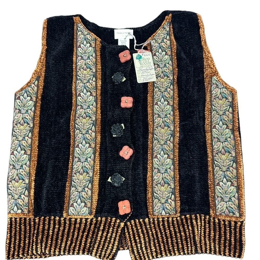 Vintage Pamela Pappas Chenille Floral Tapestry Vest O/S Button Front